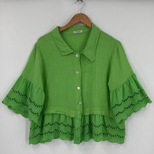 Puro Lino The Nelly Italian Linen Eyelet Button Up Top in Lime Green | One Size